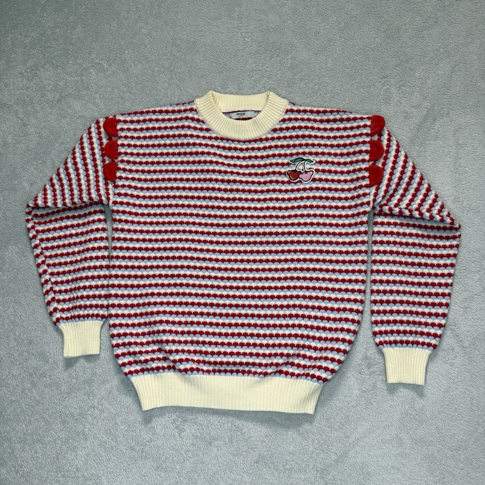MOD 150/72 Cherry Striped Knit Sweater Red Blue Cream Pom Pom Y2K Kawaii